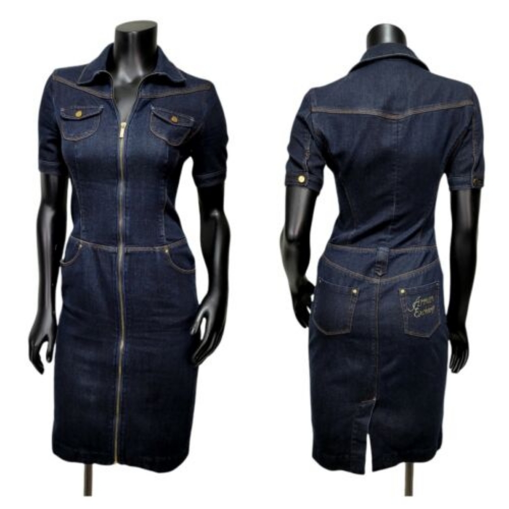 NWT Armani Exchange Womens 6 Dark Wash Denim Full Zip Collared Dress